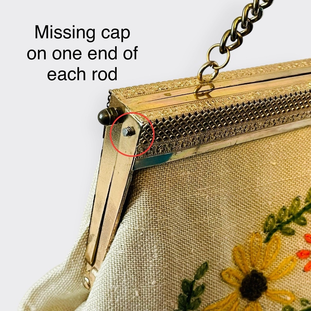Vintage Crewel Floral Embroidery Bag Gold‎ Frame Needlepoint Off White Clutch - Picture 6 of 12